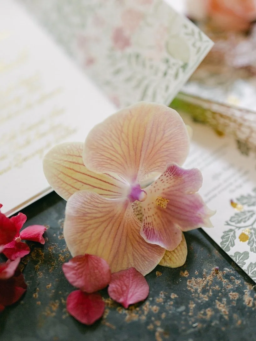 beautiful contract of iron and an orchid complementing a wedding invitation