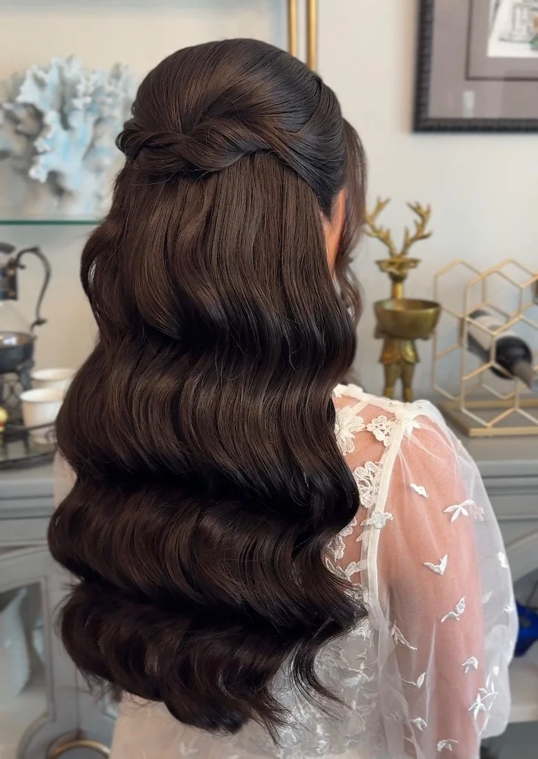 half up half down with glam waves for brown hair