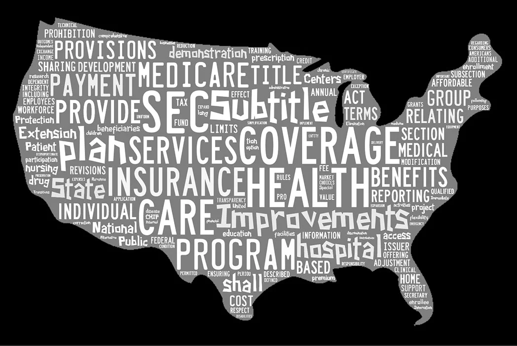 This word cloud shows the words that most often appear in the entire text of the Affordable Care Act. (Created with Tagxedo)