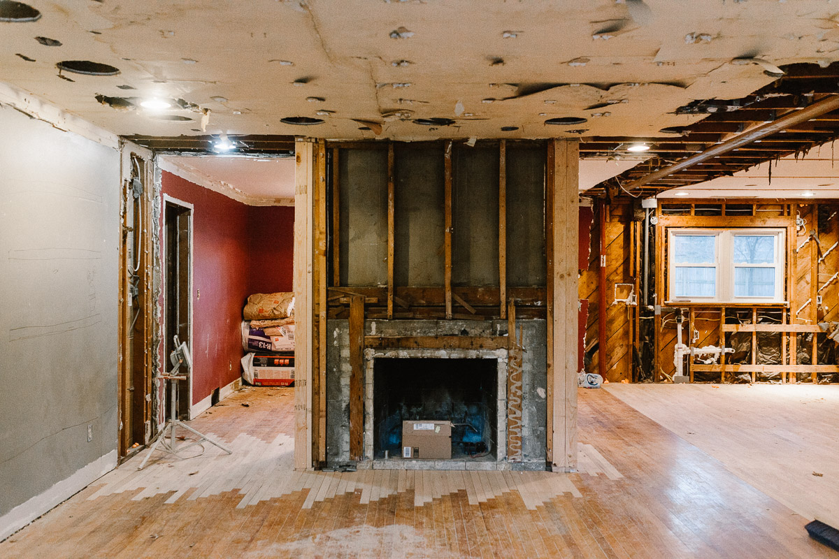 This was last week, before drywall started. We opened up the space on both sides (to the right is the kitchen) and took out the strange soffit, the ceiling will be flat with recessed can lights.