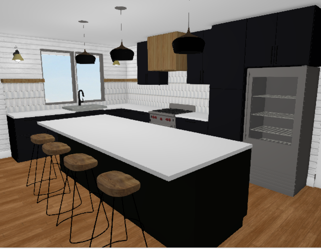 Our plans for the kitchen, we pulled together a 'very' quick rendering to see how the space laid out. Our mood board above shows the actual selections for tile, lights etc.
