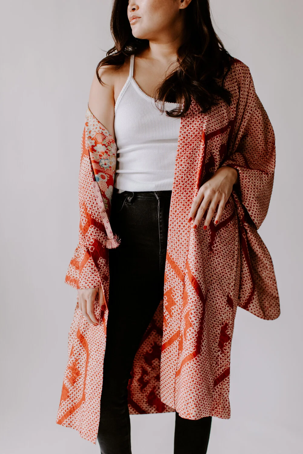 Long Red &amp; White Shiburi Kimono