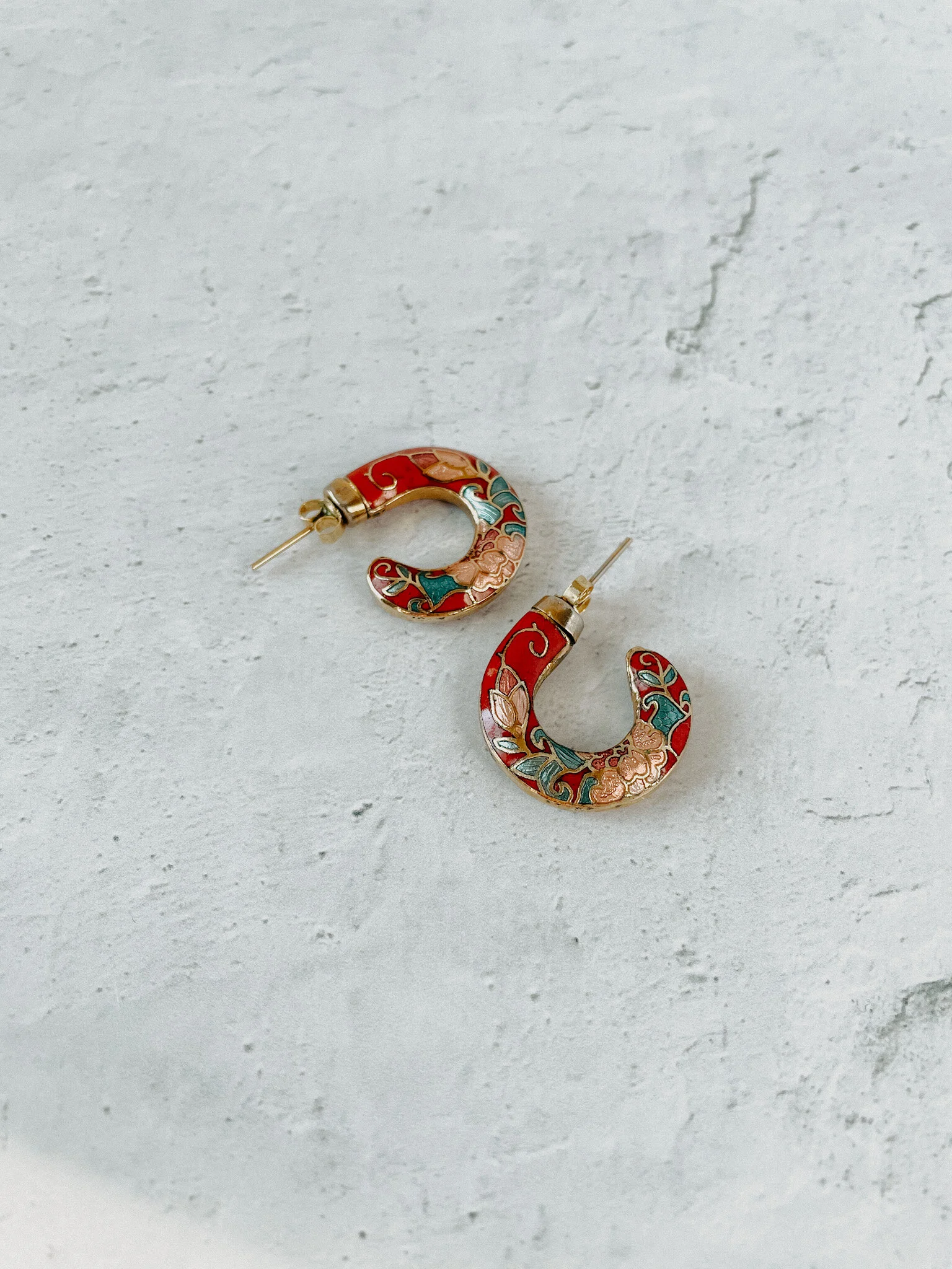Red Cloisonne Hoop Earrings