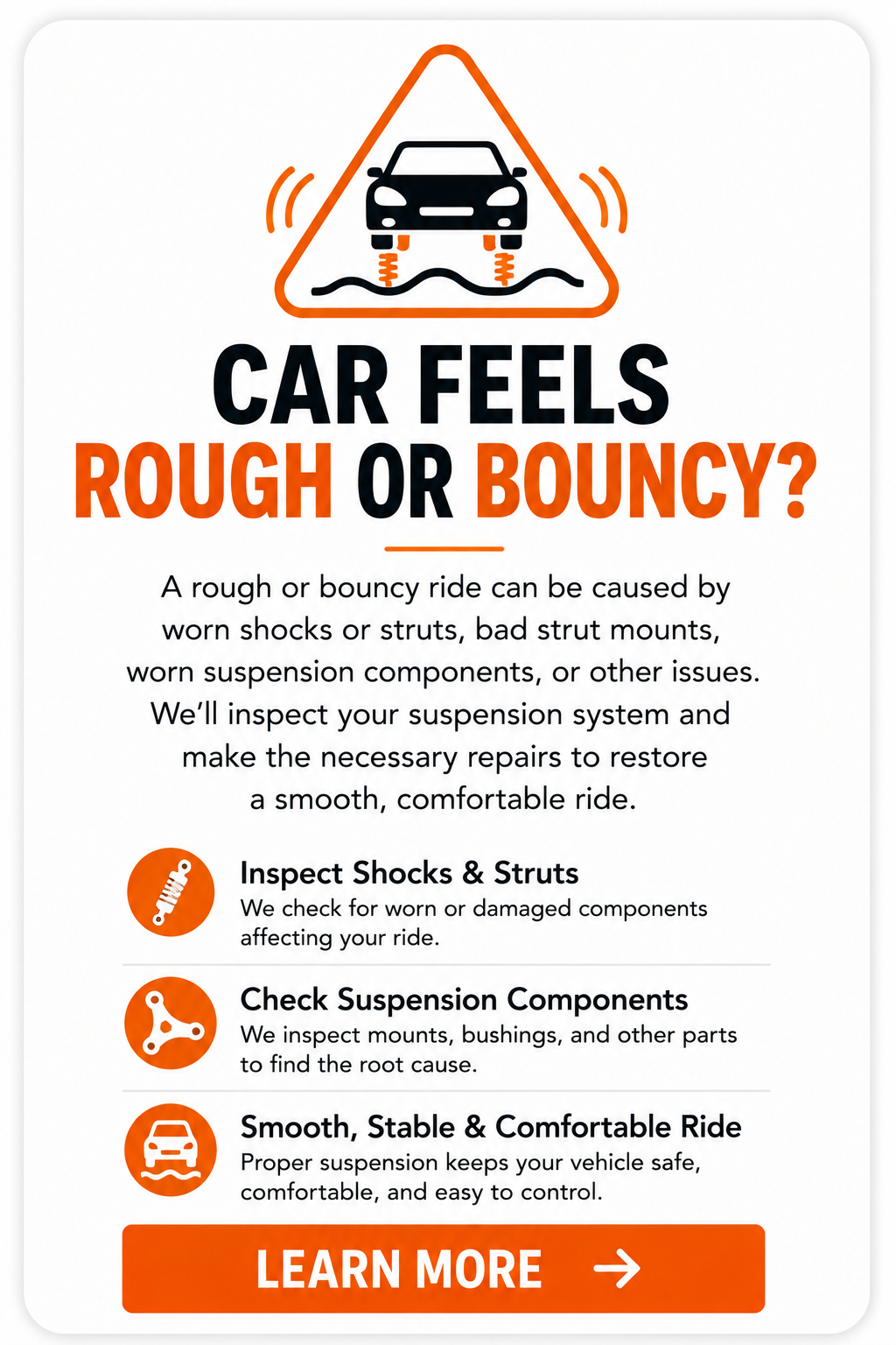 Rough or bouncy ride card showing possible worn shocks, struts, mounts, bushings, and other suspension problems.
