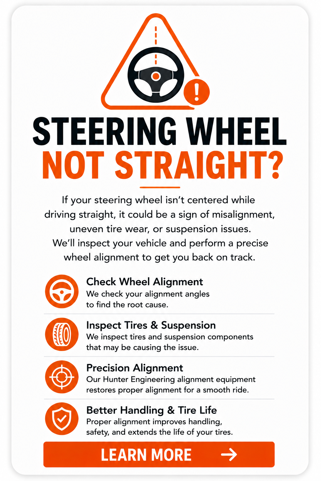 Steering wheel not straight card showing possible wheel misalignment, uneven tire wear, or suspension problems.