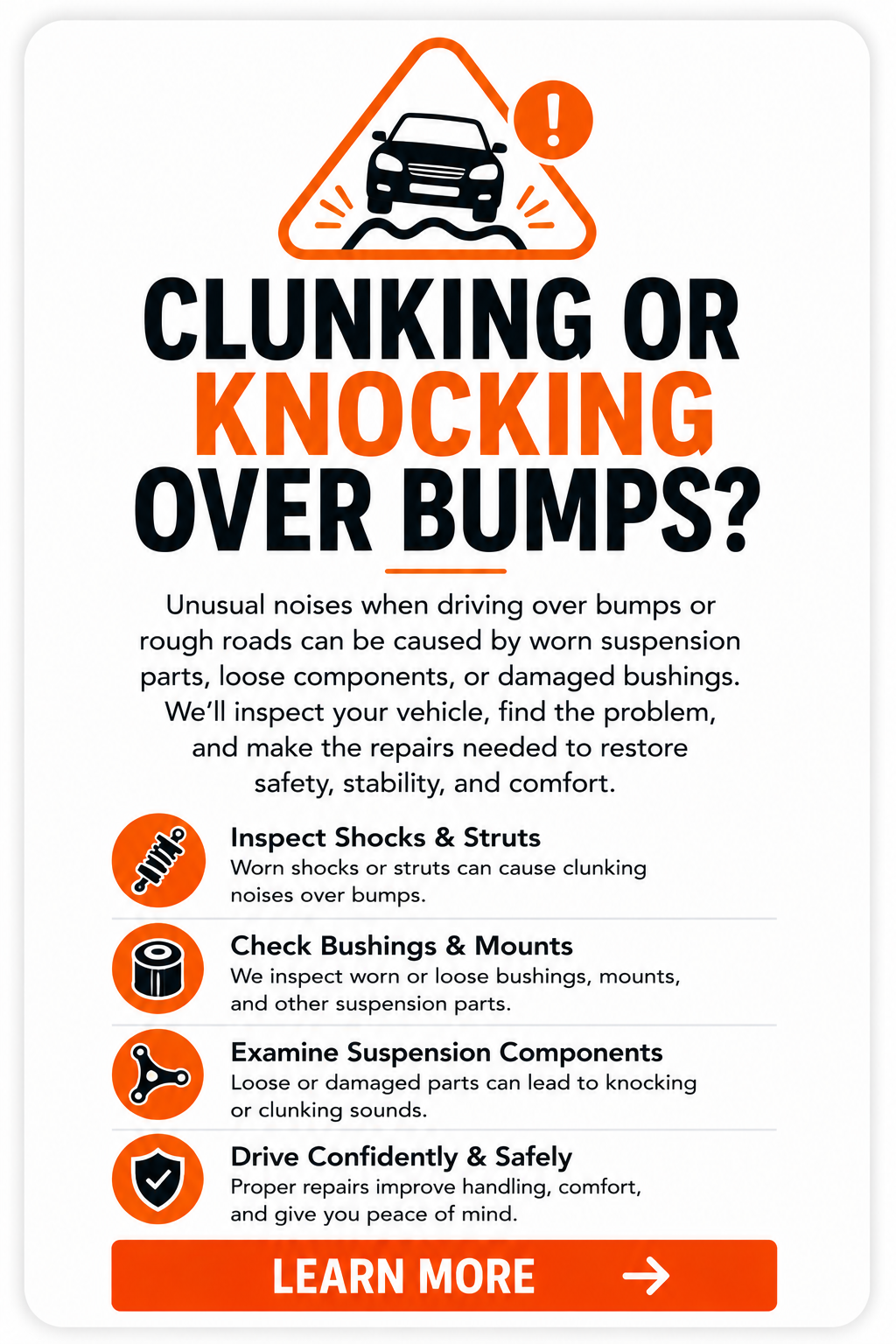 Clunking or knocking over bumps card explaining possible worn shocks, struts, bushings, mounts, or suspension components.
