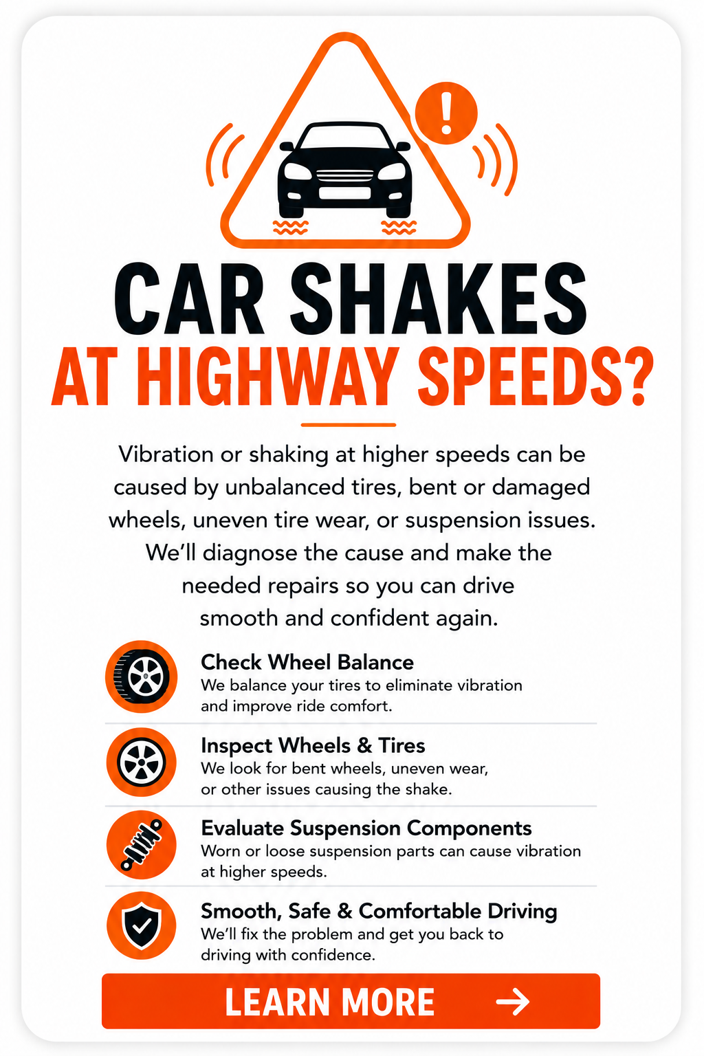 Car shaking at highway speeds card showing possible unbalanced tires, bent wheels, uneven tire wear, or suspension issues.