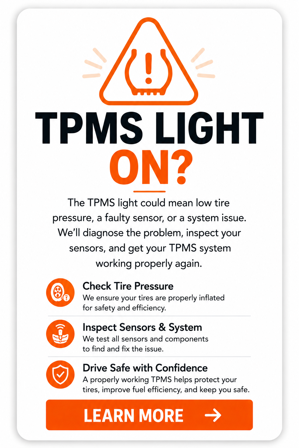 TPMS light warning card explaining low tire pressure, faulty tire pressure sensors, and TPMS system problems.