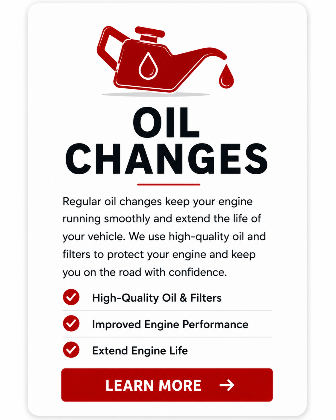 Oil change service card for Rush Auto Tire Shop in Brooklyn, NY featuring professional oil and filter changes to help protect your engine and extend vehicle life.