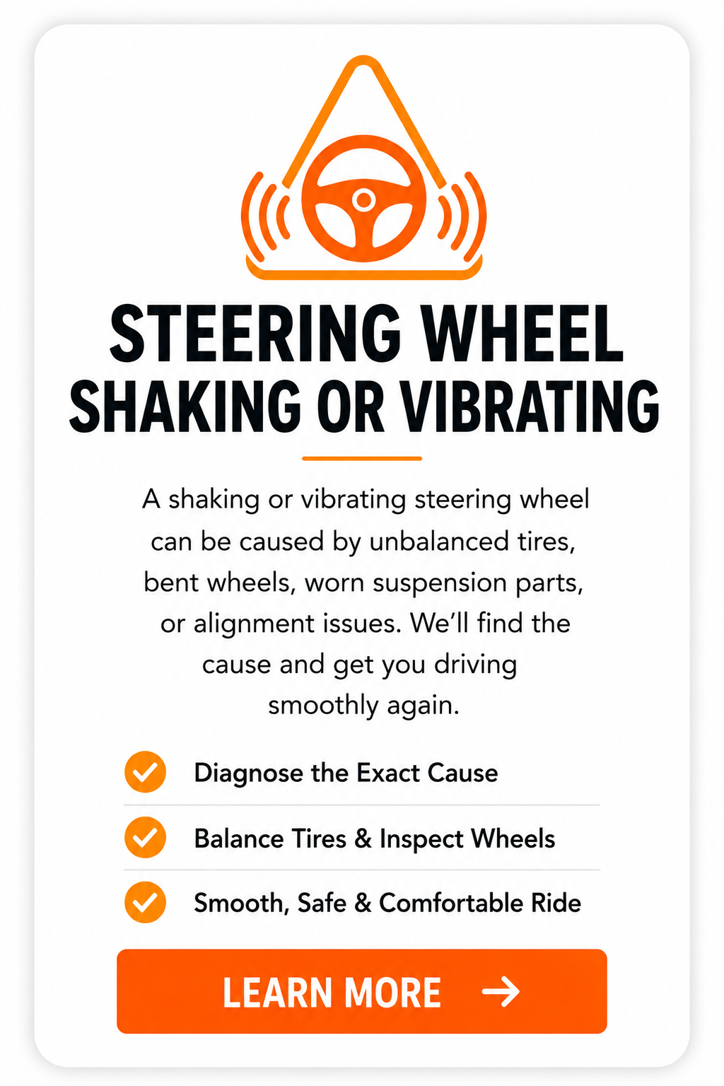 Steering wheel shaking or vibrating card showing possible tire balance, bent wheel, suspension, and alignment issues.