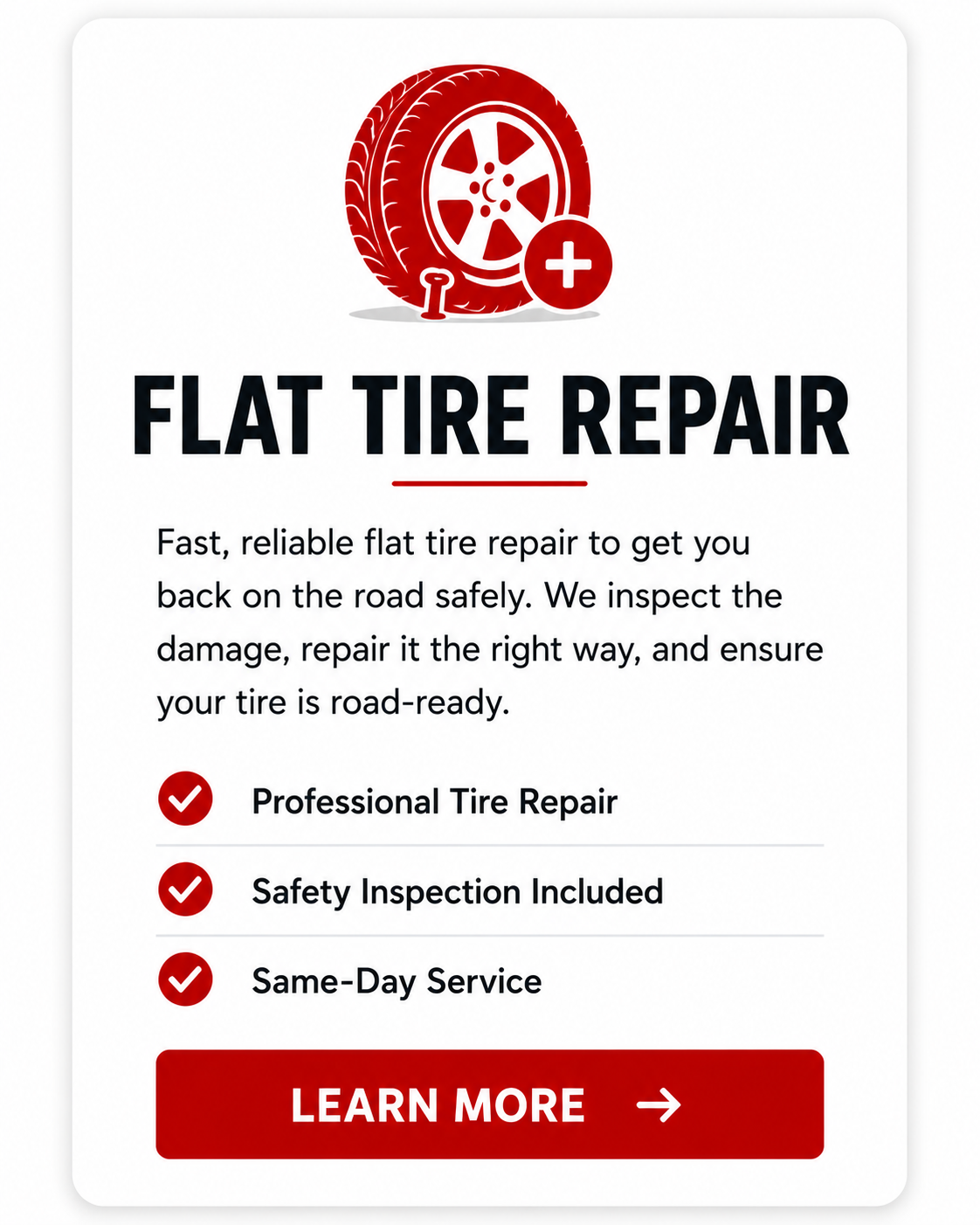 Flat tire repair service card for Rush Auto Tire Shop in Brooklyn, NY offering fast puncture repairs, tire inspections, and same-day tire service with no appointment needed.