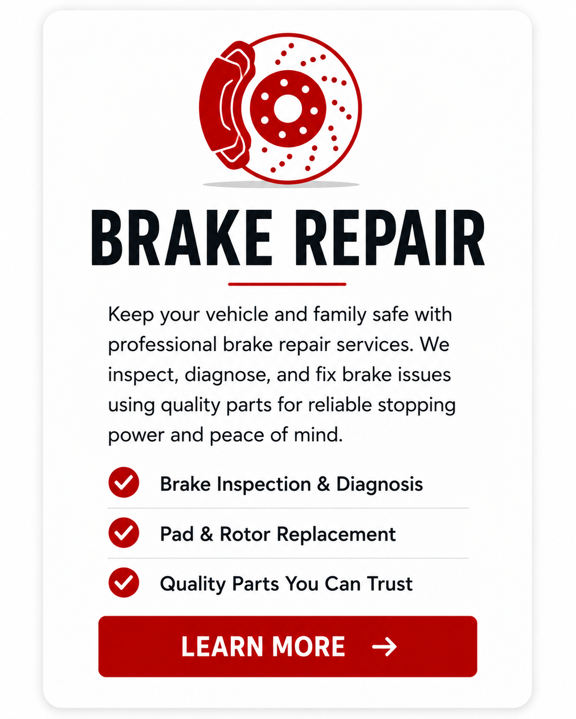 Brake repair service card for Rush Auto Tire Shop in Brooklyn, NY offering brake inspections, brake pad replacement, rotor service, and complete brake repairs.