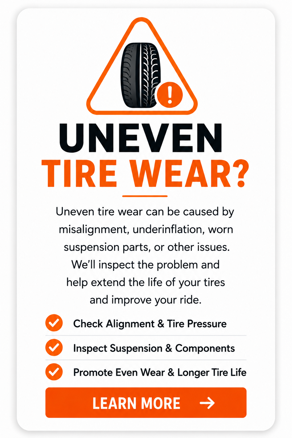 Uneven tire wear card showing possible causes including wheel misalignment, tire pressure, and worn suspension components.
