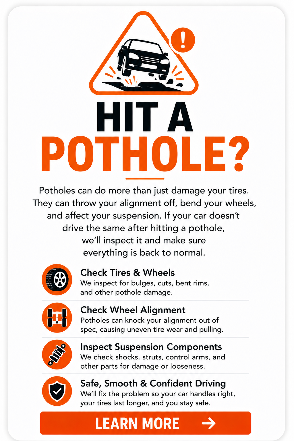 Pothole damage card showing potential tire, bent wheel, wheel alignment, and suspension problems after hitting a pothole.