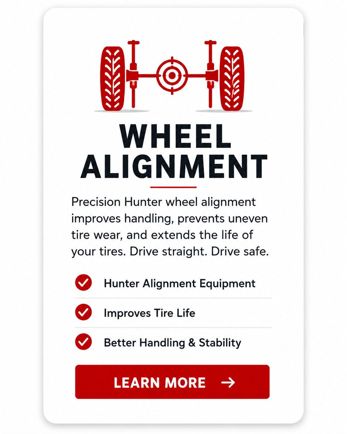 Hunter wheel alignment service card for Rush Auto Tire Shop in Brooklyn, NY providing precision wheel alignments for improved tire life, steering, and vehicle safety.