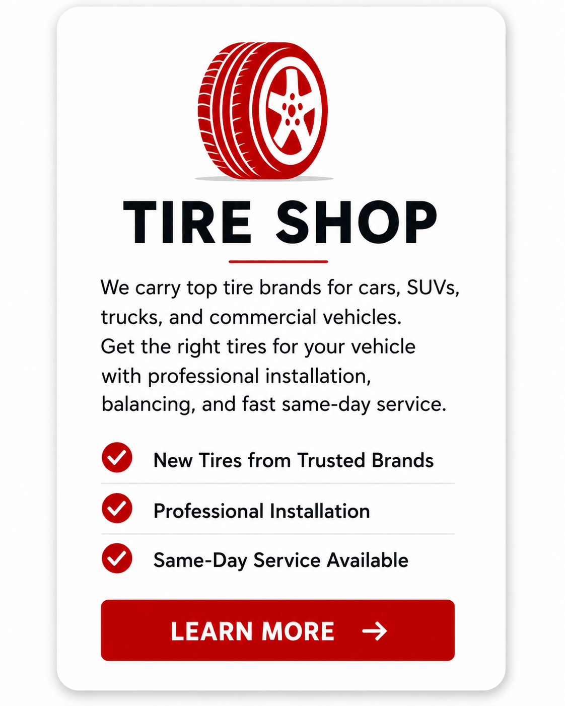 Tire Shop service card for Rush Auto Tire Shop in Brooklyn, NY featuring new tires, major tire brands, professional tire installation, and same-day tire service.