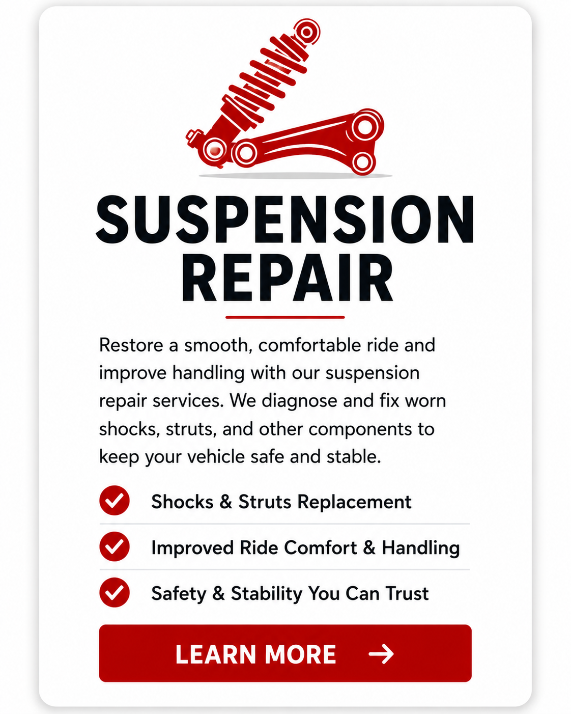 Suspension repair service card for Rush Auto Tire Shop in Brooklyn, NY specializing in shocks, struts, steering, suspension components, and ride quality restoration.