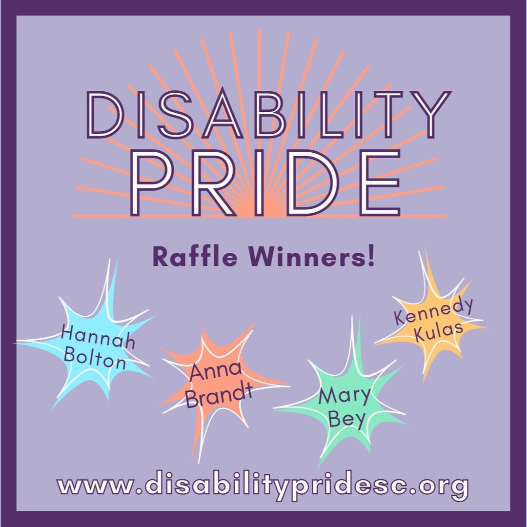 Congratulations to our big winners from the Disability Pride raffle drawing! They've won prizes from the likes of @campriseabove, @beyond_handcrafted_pottery, @heartsc_org, @disabilitypridesc, @essentialbodyconcepts, and @charlestoncountyparks 

[ID: