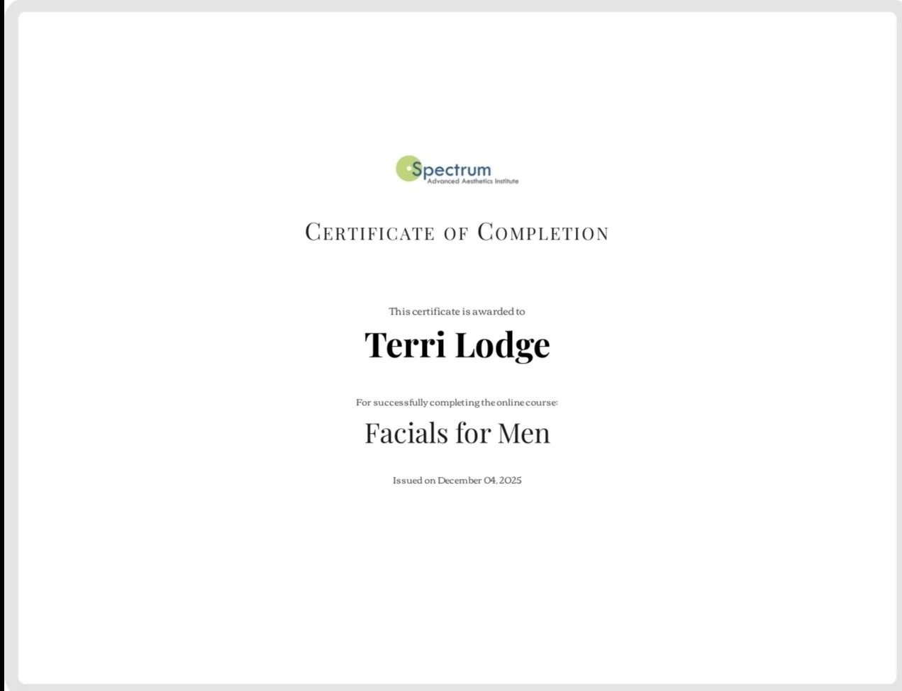 Spectrum AEI Facials for Men Certfied