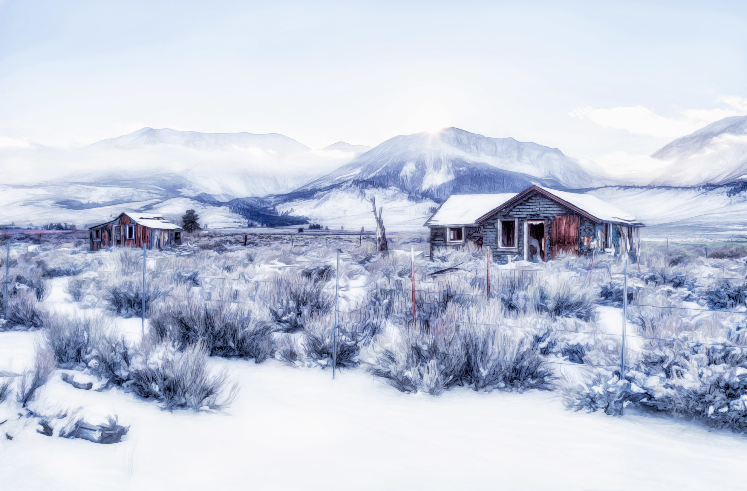 # 395 Highway (Two Old Shacks) With Snow And Clouds Around Mountain