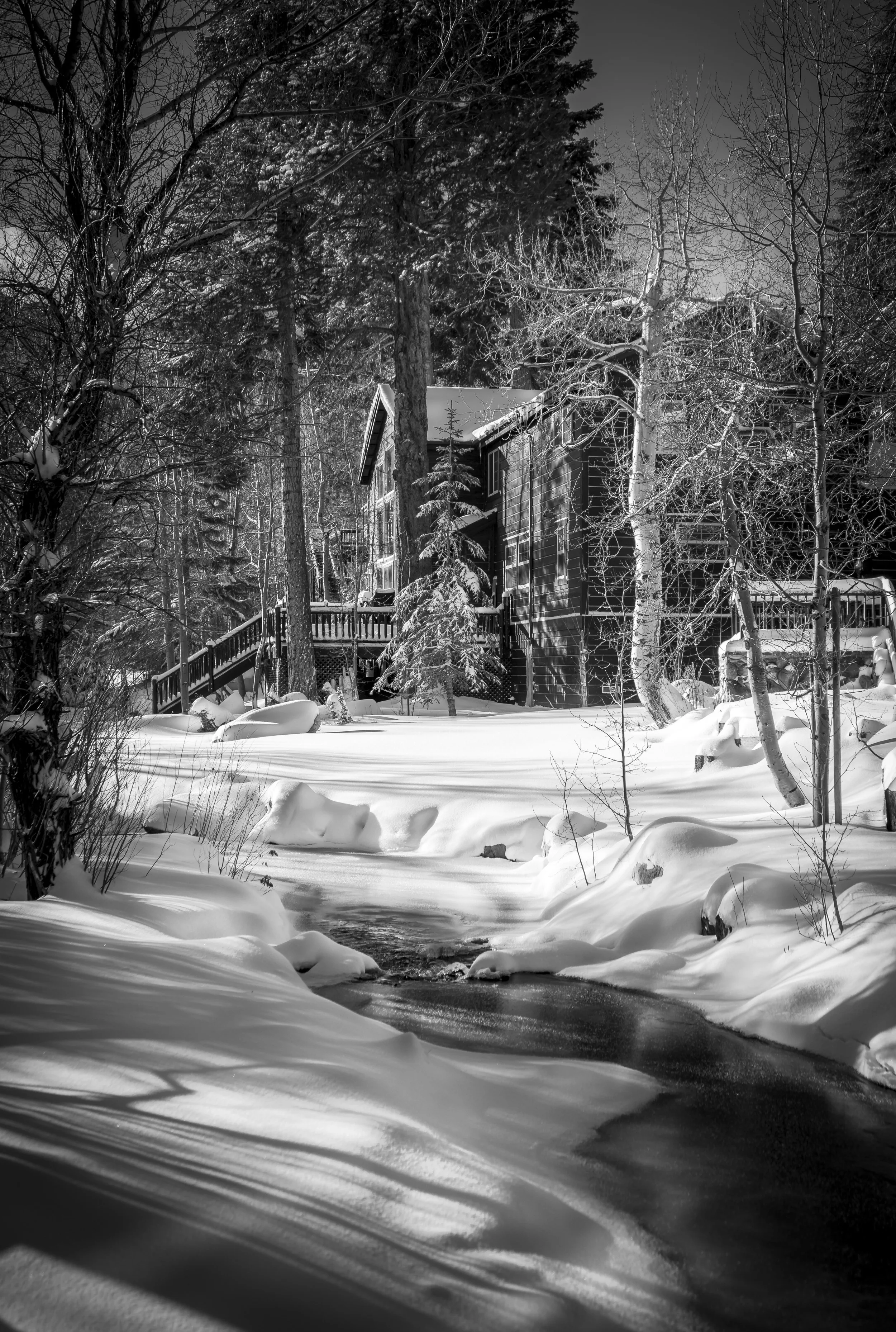 Mammoth California In December A Cabin Black And White With Small River Frozen