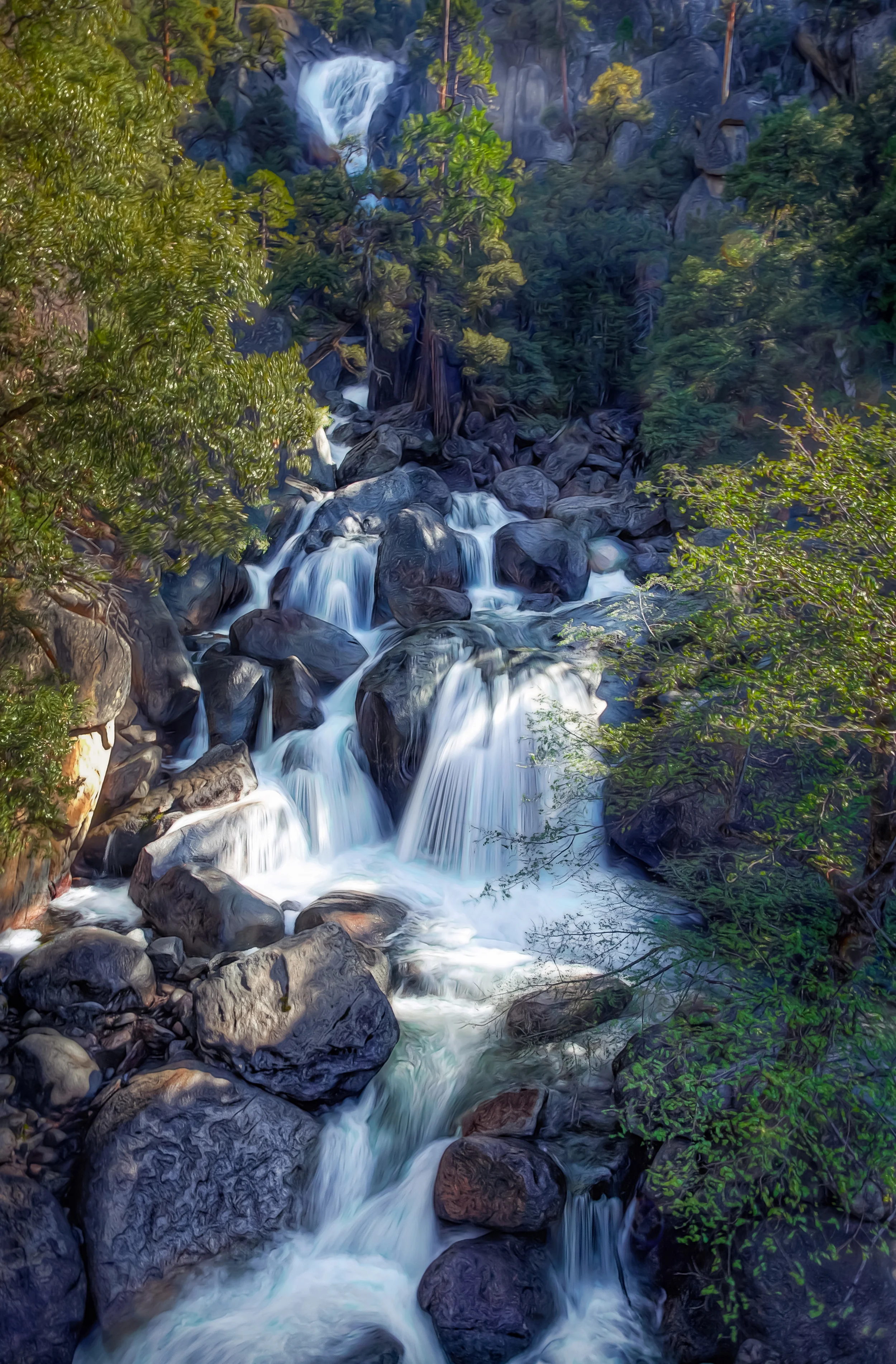 Yosemite National Park With Smooth Water Fall Over Rocks With Trees