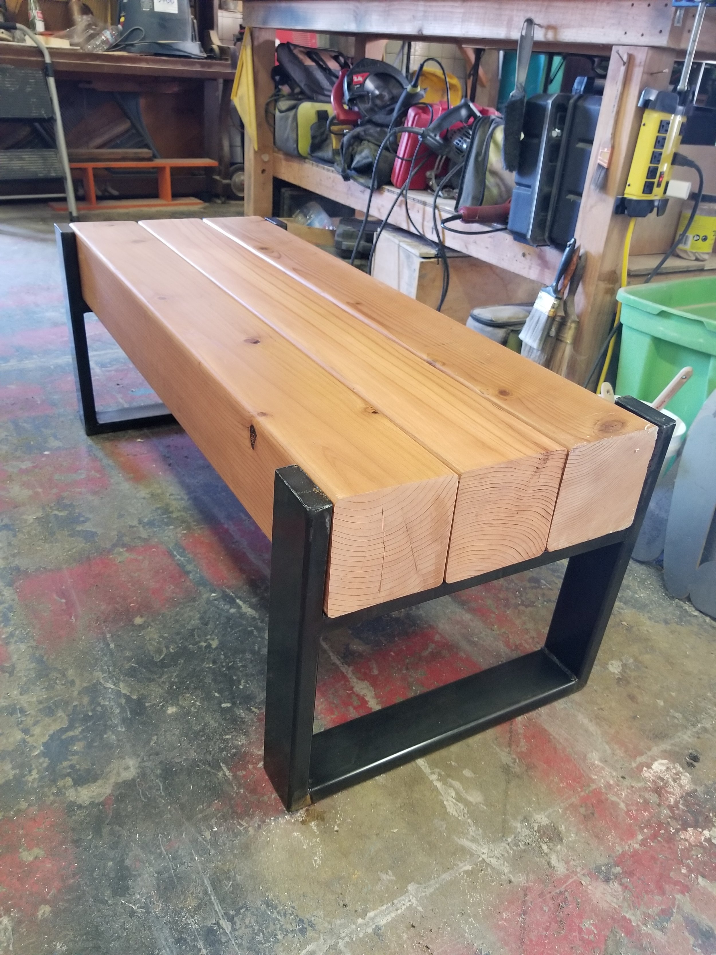 Redwood  and steel bench
