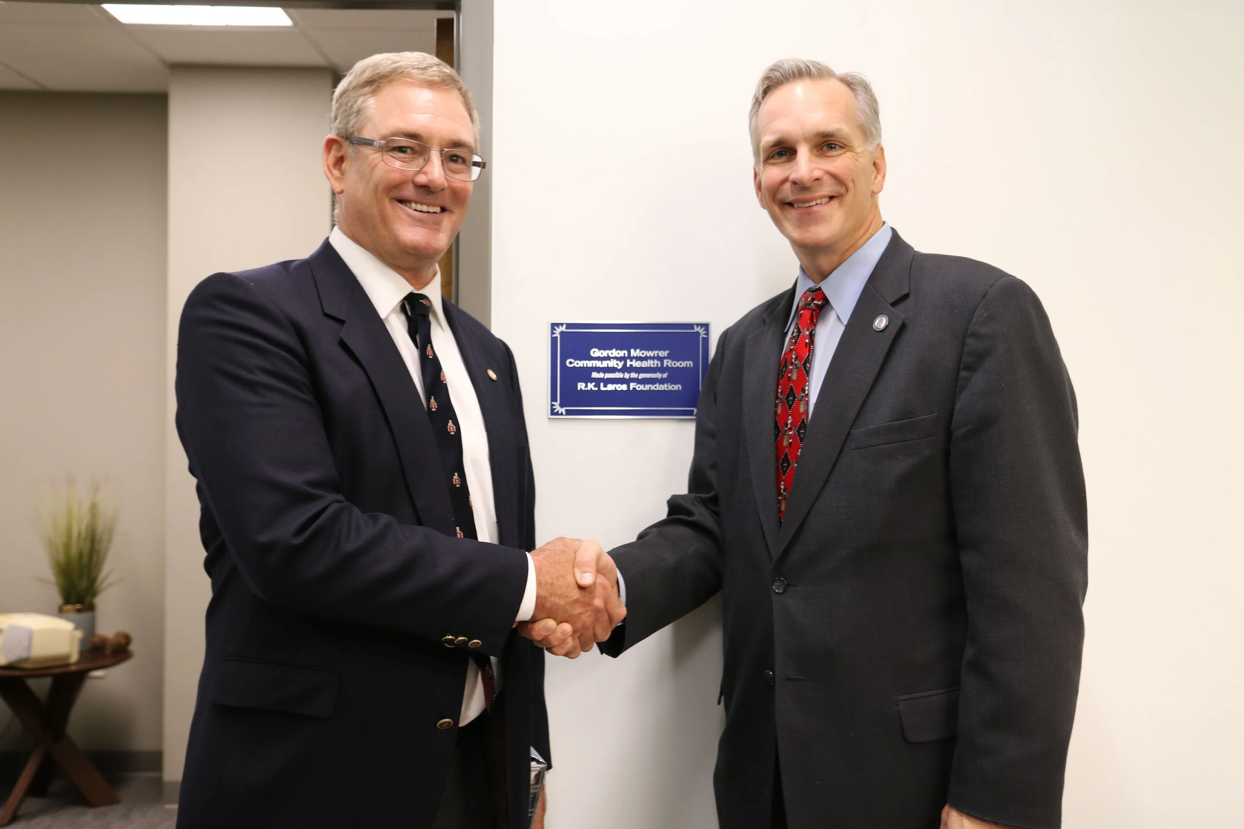 R.K.Laros Foundation Chairman with Moravian College President Bryon Grigsby at the Gordon Mowrer Community Health Room.