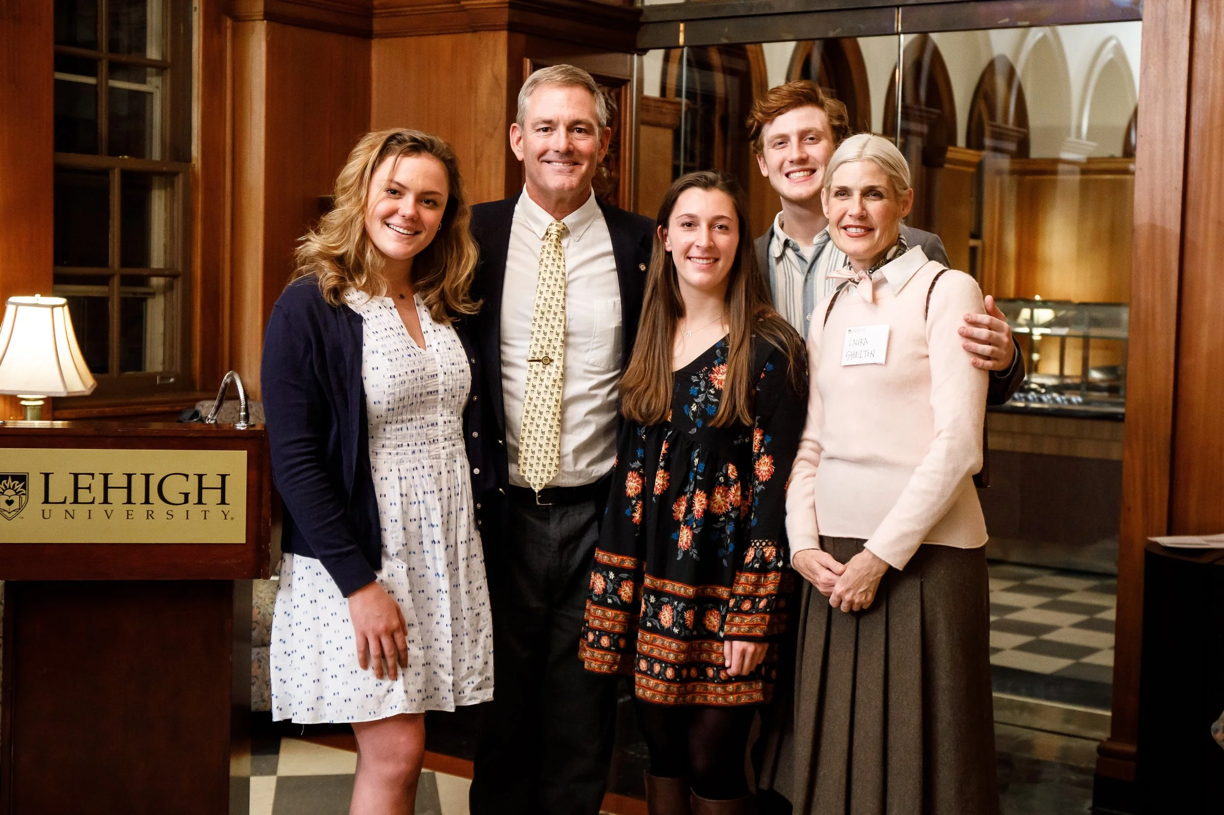 L-R Laros descendants Janelle Laros ‘21, Board Chair R.Keller Laros III, Alexandra Lada ‘20, Truman Shelton ‘21, Board Vice Chair Laura Bennett Shelton