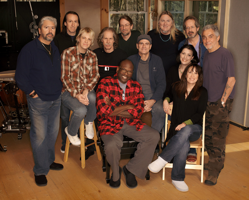 James Taylor "Band Of Legends" 2009 w/ Luis Conte, Mike Landau, "Blue" Lou Marini, Jimmy Johnson, James Taylor, David Lasley, Walt Fowler, Steve Gadd & seated Arnold McCuller, Andrea Zonn & Kate Markowitz