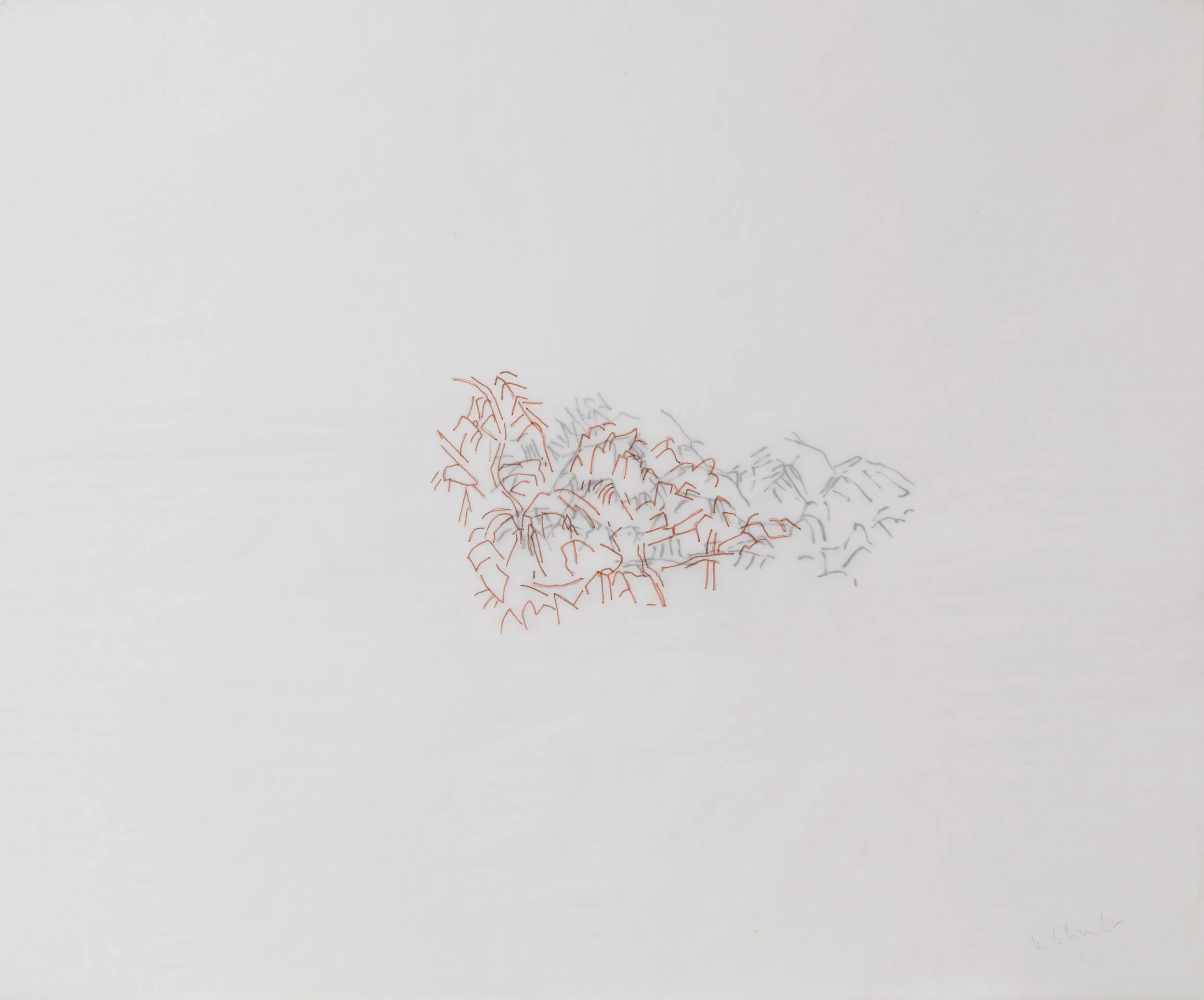“Brumes” (Mist Series) 2009-2018 Double drawing on tracing paper - Red Indian Ink and Lead pencil Dimension: 14 x 17 inches