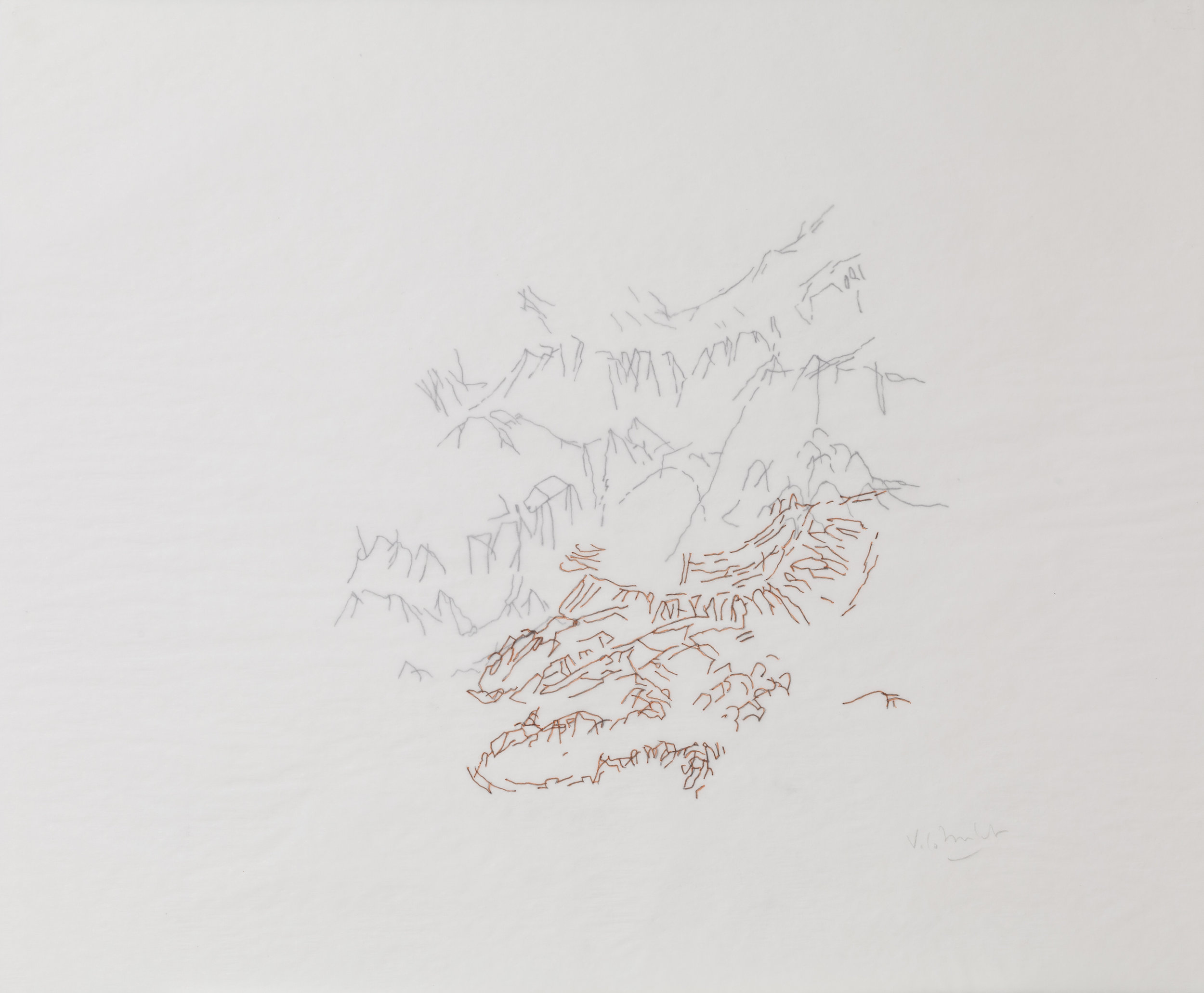 “Brumes” (Mist Series) 2009-2018 Double drawing on tracing paper - Red Indian Ink and Lead pencil Dimension: 14 x 17 inches