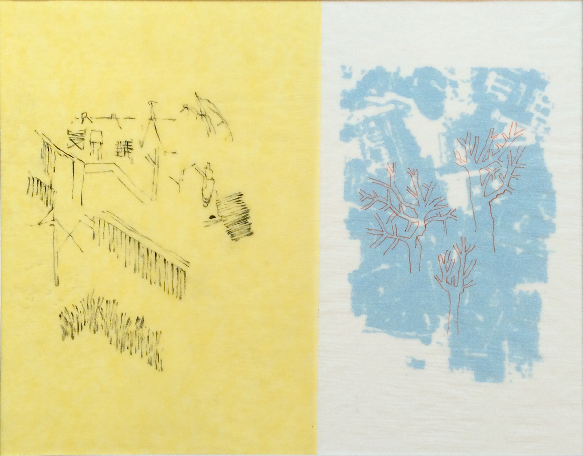 “Très Riches Heures- April/January” 2015 Charcoal on Yellow tracing paper, digital print on vellum and Indian ink on silk paper Dimension: 8”1/4 x 10”1/2 / 21 x 27 cm