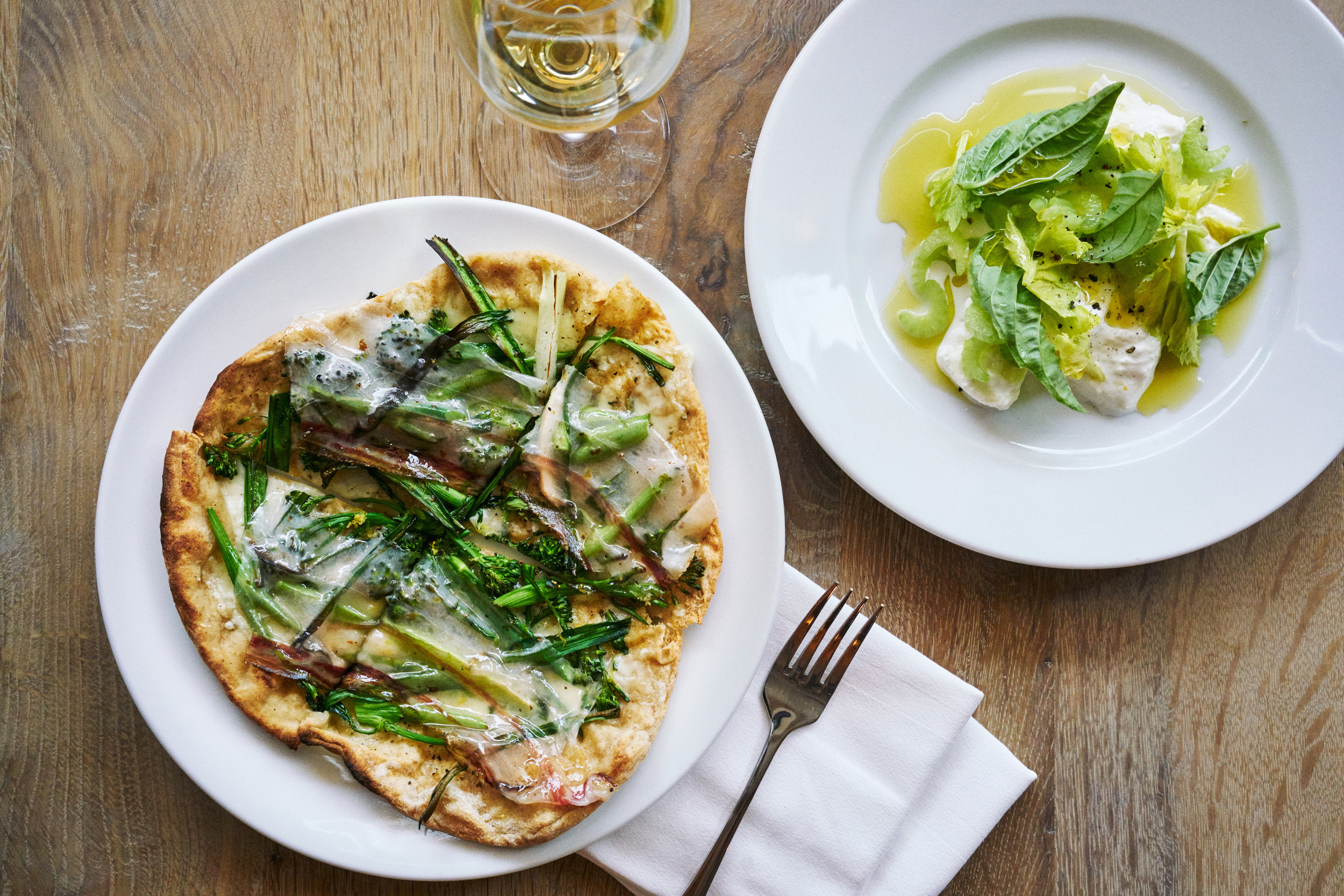 Pizzetta with wild onions, Fontina and arugula & Mozzarella di bufala with celery and olio verde (Please credit Marcus Nilsson).jpg