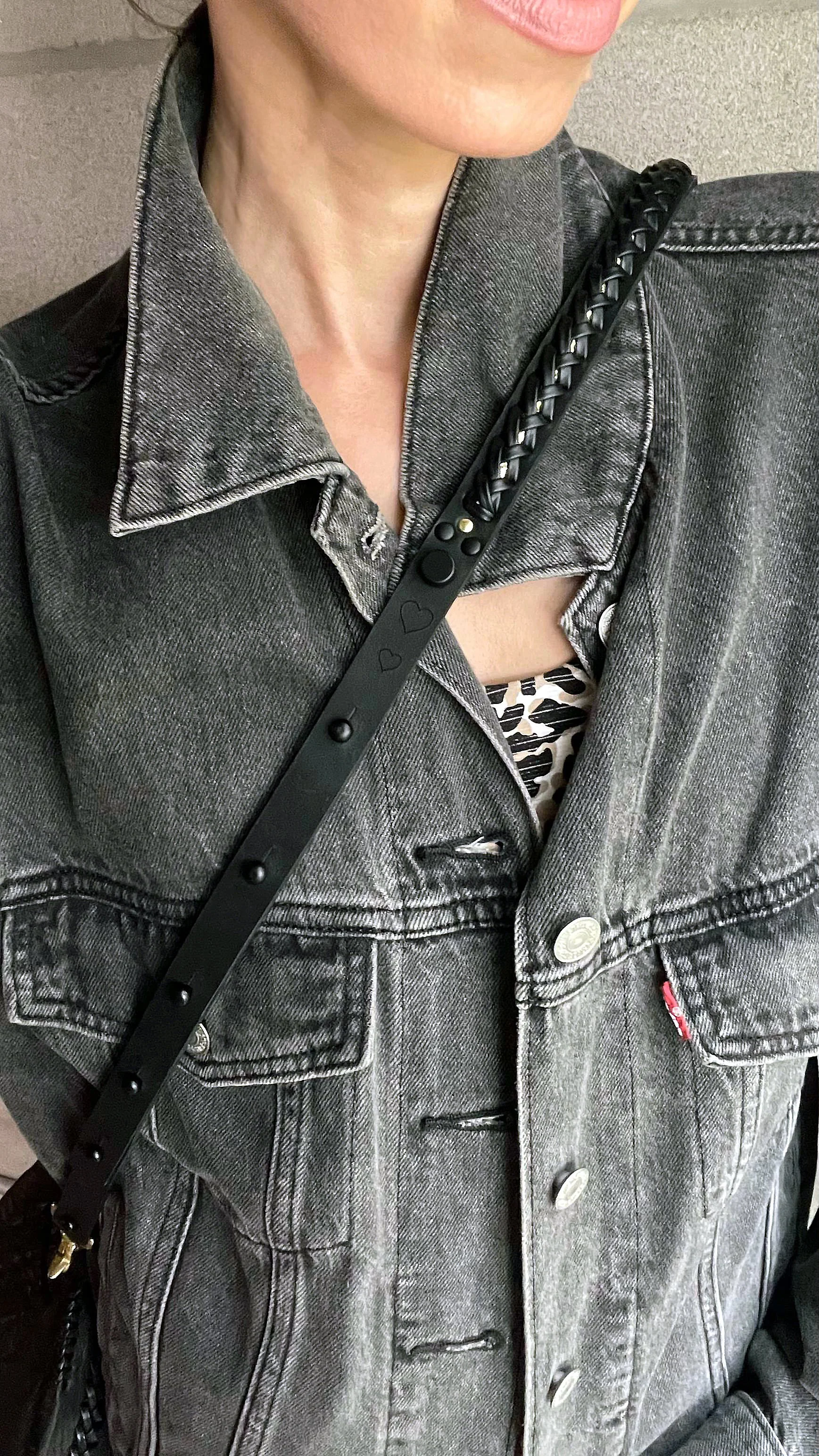 leather braided black bucket bag made in Austin by Jessy Rusch of Jessy Made laser engraved hearts