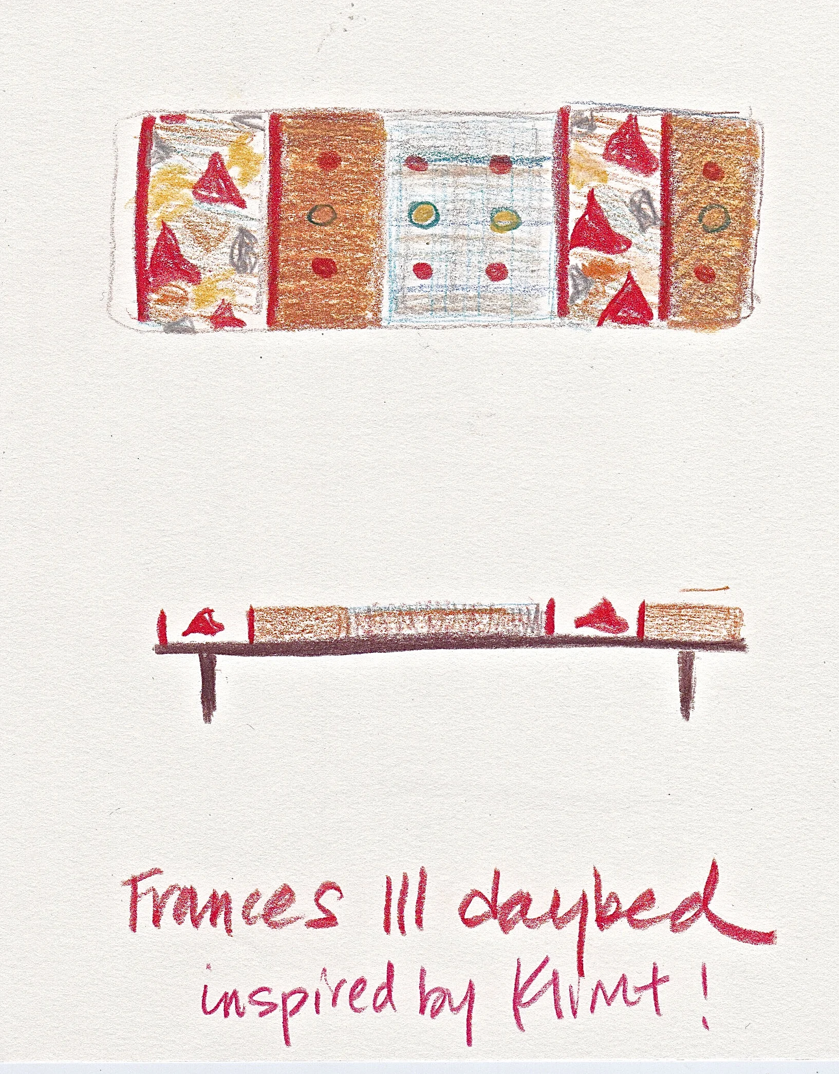 This daybed screamed tabula rasa, and I immediately went for the fabrics that I save for something special.  I chose a vintage obi, and adopted a panel motif, alternating silken red volcanoes with hearty burlap and metallic geometrics--a la Kli