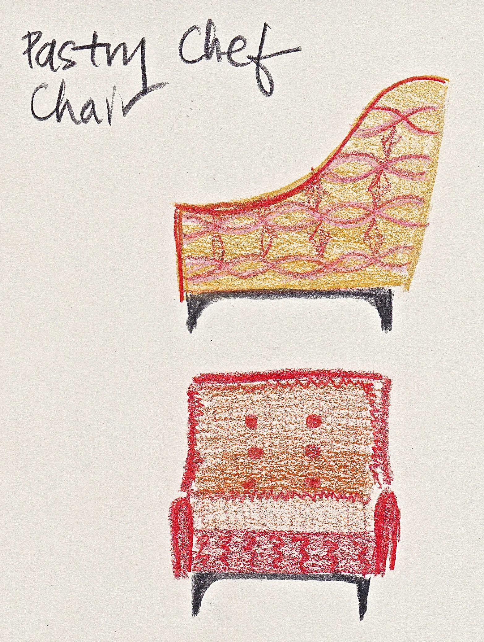 A true lounger.  An elliptical pattern on the outside, designed to enhance the curve of the chair.  A soft tweedy red cushion inside, that's one long lounging line...just lay back.