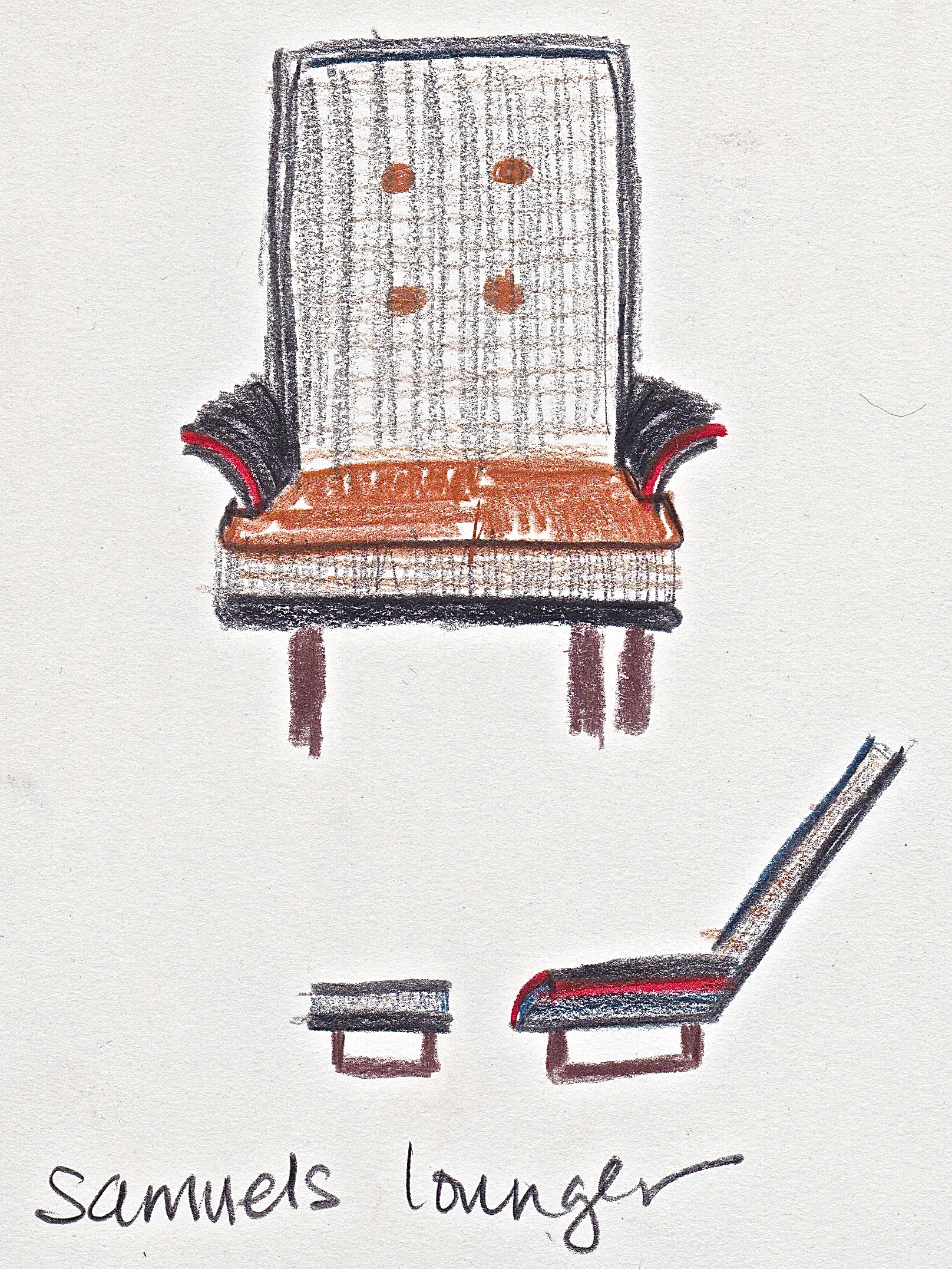 Something about this chair seemed masculine to me:  broad shoulders, geometric lines.  So I put my haberdasher hat on, and dressed it in corduroy, tweeds and a dash of red--like the handkerchief in the pocket of a suit jacket.