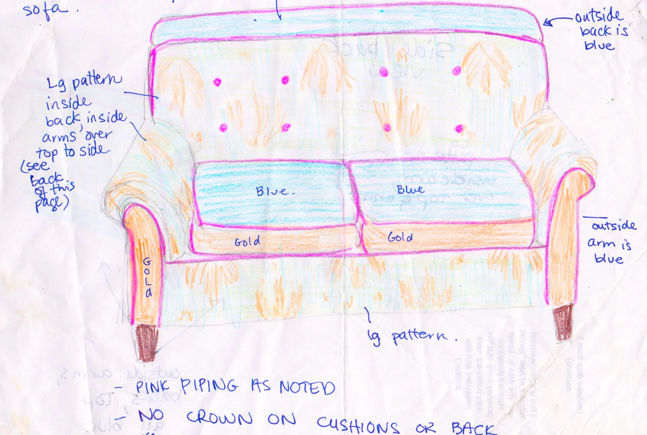 The sketch for my first sofa, now sitting proudly in the office of the Articles Editor at the New Yorker.  A true antique, this sofa combines a nod to the past (traditional paisley patterns) with a nod to the mod:  turquoise tweed, gold ul