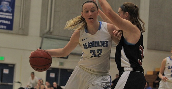 sonomaseawolves.com Junior center Hannah Sourek drives to the basket. Sourek had 16 points against first-place Dominguez Hills Toros.