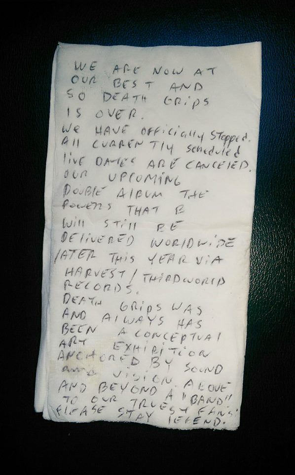 facebook.com The letter Death Grips posted online, stating that they would be breaking up once their album is released.