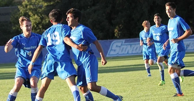 Junior Armand Coronel celebrates his second goal of the season in the Seawolves’ 5-0 win over Conordia.