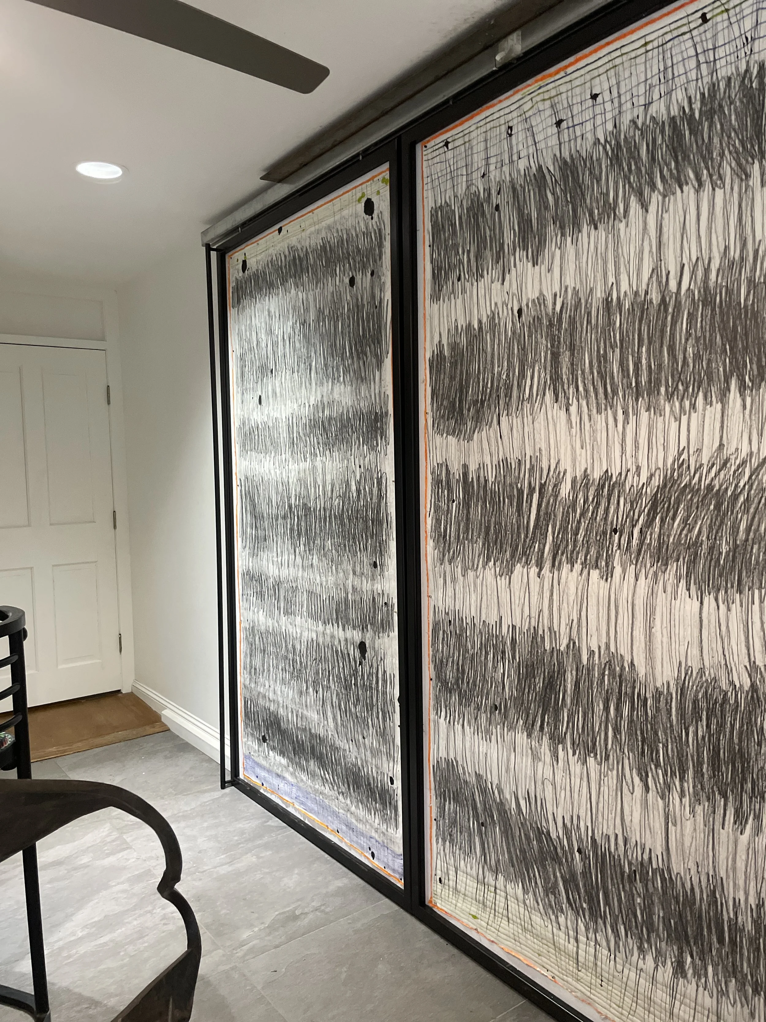  Doors shown in left position each work @ 46” x 86”   ink, graphite, marker on mulberry paper. 