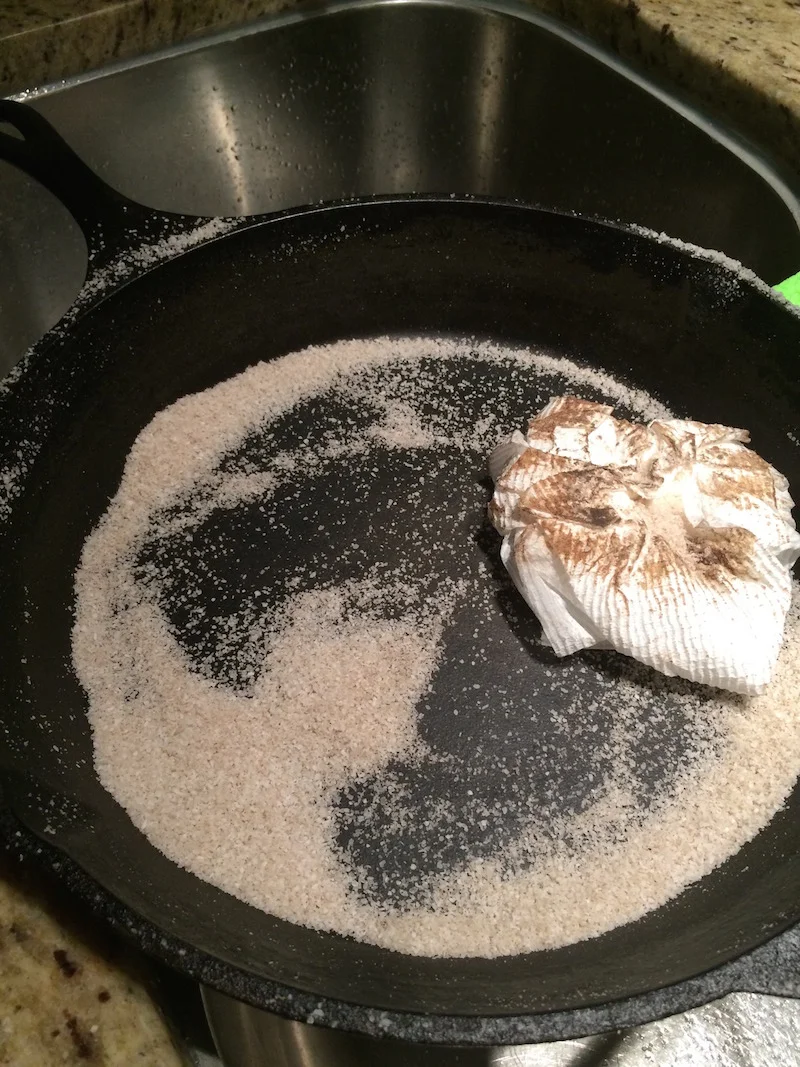 Course Kosher salt helps to dissolved baked on food and clean the pan