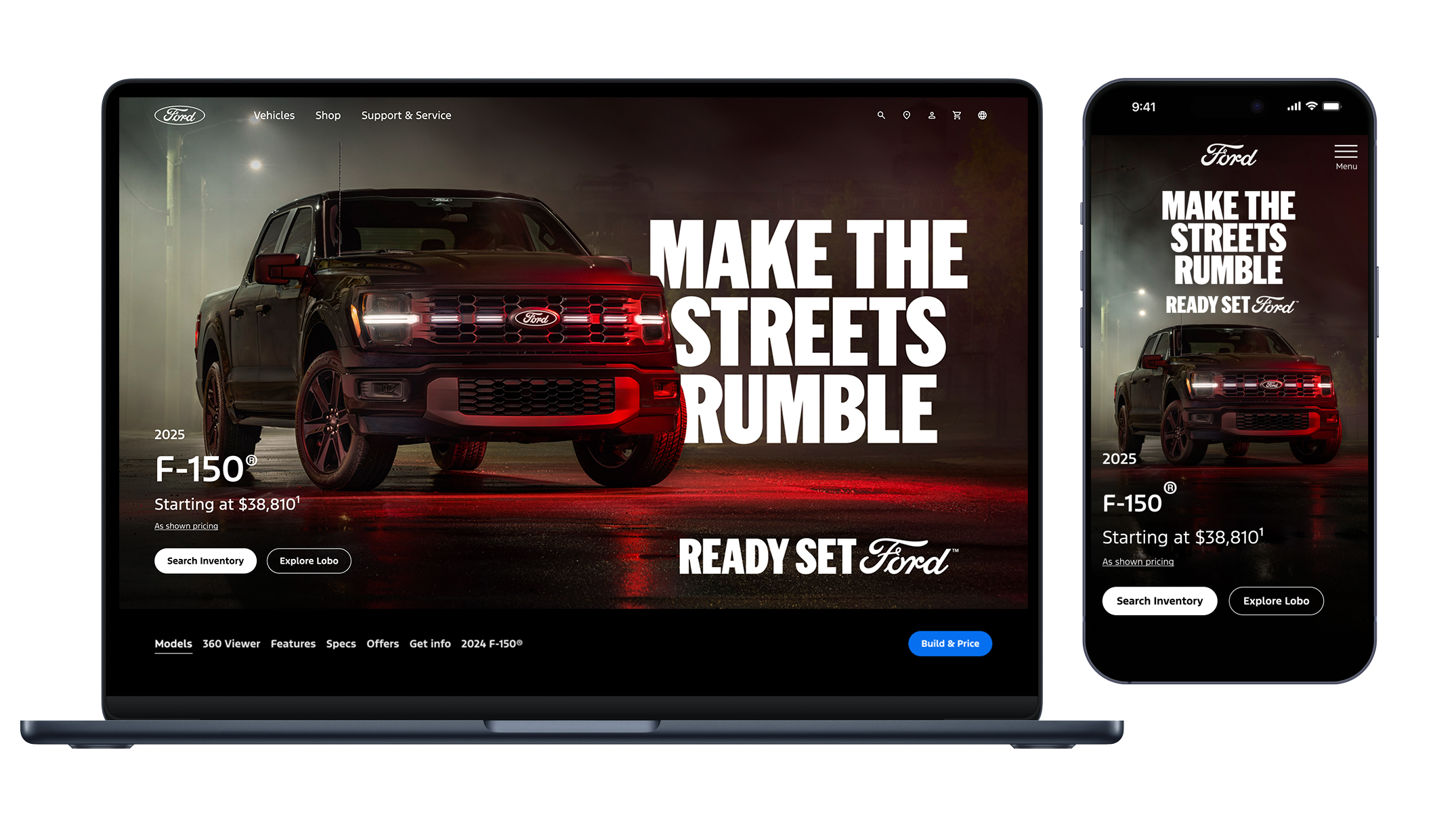  2025 F-150 webpage with  Ready Set Ford  branding and the new Lobo trim 