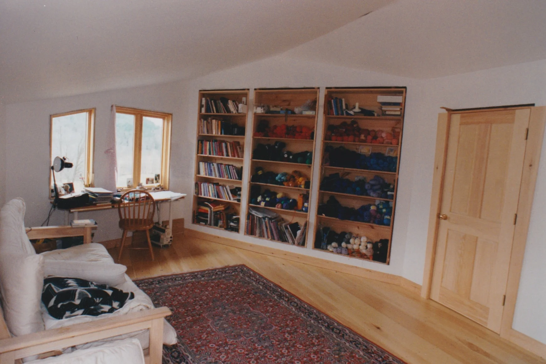 Built in shelves for my yarn supply. Again, before trim.