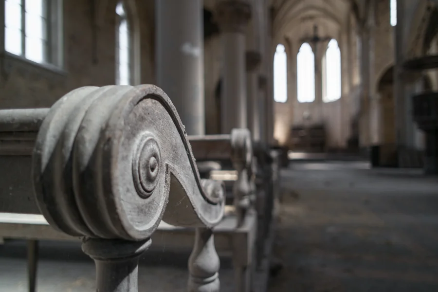 Urbex: Blue Christ Church. Pew And Bokeh