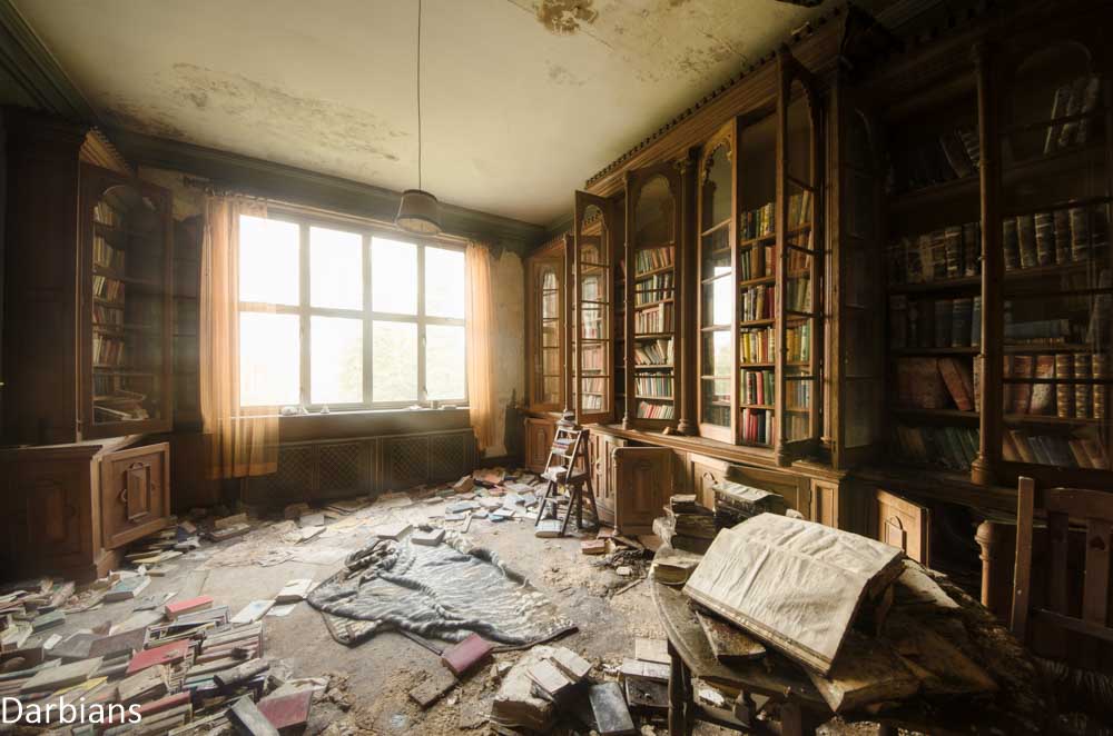 abandoned mansion library