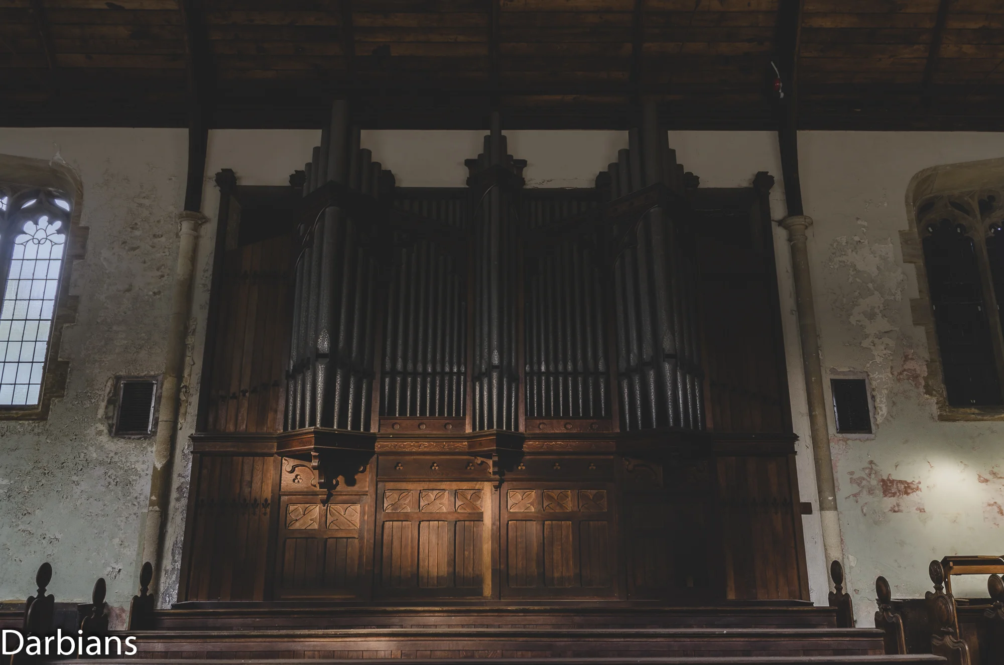 The large organ pipes in the chapel.