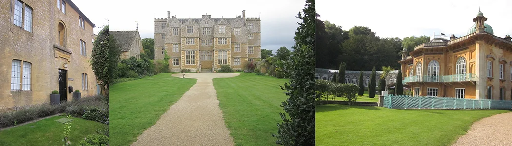 (L-R) A former school building in Moreton-in-Marsh (dated 1851), Chastleton House, Sezincote